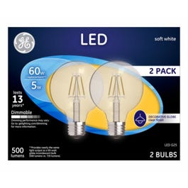 LED Globe Light Bulbs, Soft White, Clear, Dimmaable, 500 Lumens, 5-Watts, 2-Pk.