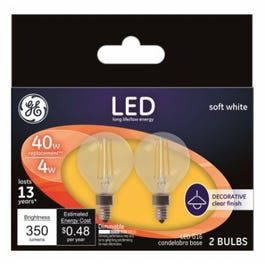 Decorative LED Light Bulbs, Candelabra Base, Soft White, Clear, Dimmable, 350 Lumens, 4-Watts, 2-Pk.